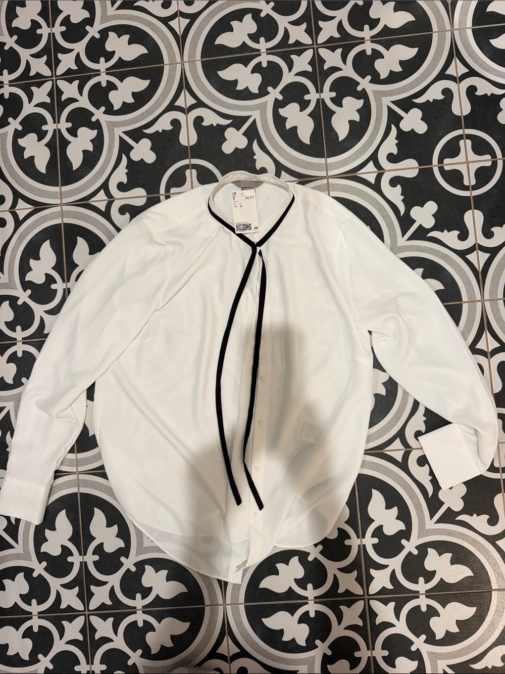 H&M White Blouse with Black Ribbon Trim